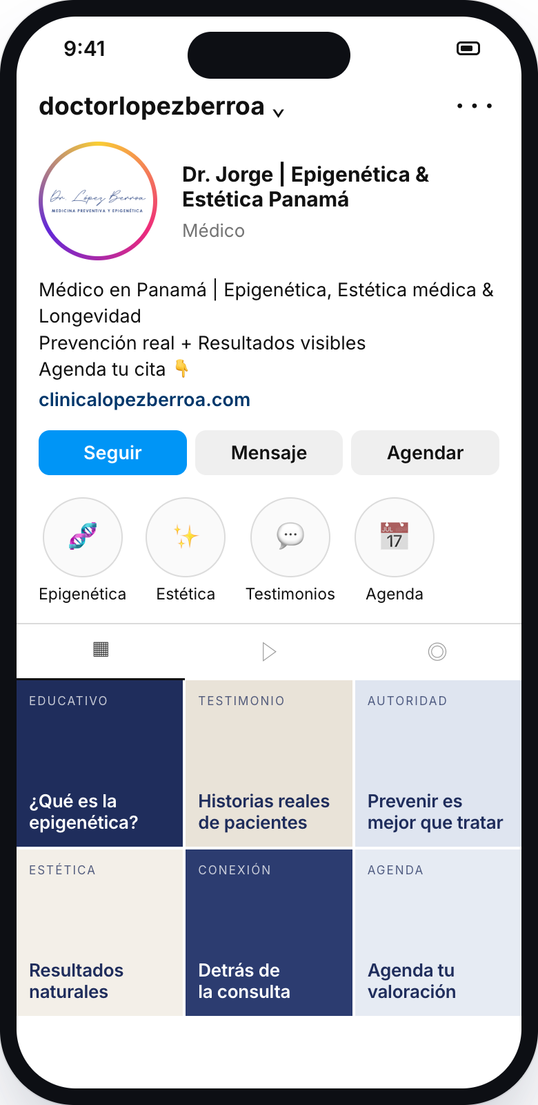 Recreación del perfil de Instagram optimizado del Dr. López Berroa